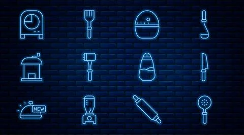 Set line Spatula, Knife, Kitchen timer, hammer, Manual coffee grinder, Salt and Stock Illustration