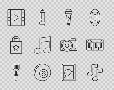 Set line Spatula, Music note, tone, Microphone, Billiard pool snooker ball, Play Stock Illustration