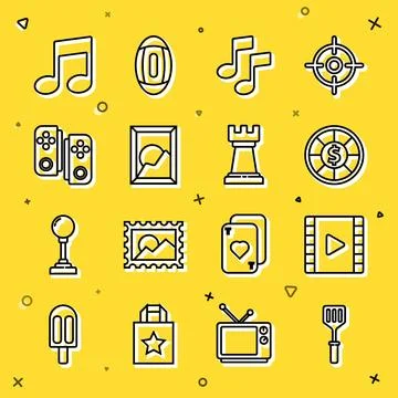 Set line Spatula, Play Video, Casino chips, Music note, tone, Picture lands.. Stock Illustration
