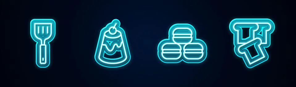 Set line Spatula, Pudding custard, Macaron cookie and Bread toast. Glowing neon Illustrazione stock