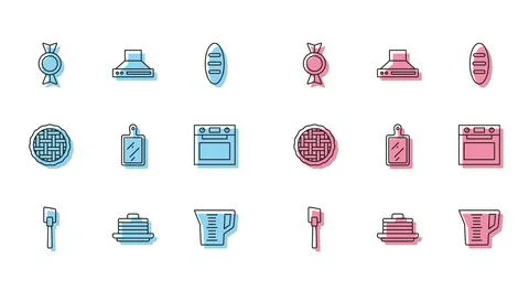 Set line Spatula, Stack of pancakes, Candy, Measuring cup, Cutting board, Oven Illustrazione stock