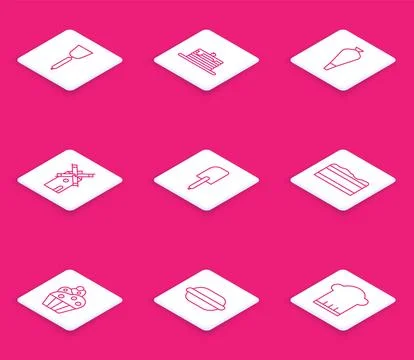 Set line Spatula, Stack of pancakes, Pastry bag for decorate, Windmill, Bro.. Stock Illustration