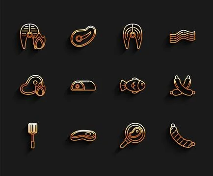 Set line Spatula, Steak meat, Grilled fish steak and fire flame, in frying .. Stock Illustration