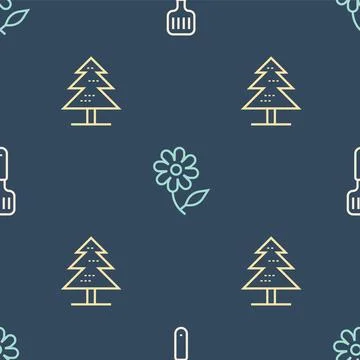 Set line Spatula, Tree and Flower on seamless pattern. Vector Illustrazione stock
