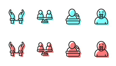 Set line Speaker, Handcuffs on hands of criminal, Gender equality and Censor Stock Illustration