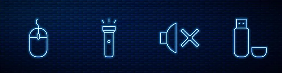 Set line Speaker mute, Computer mouse, Flashlight and USB flash drive. Glowing Illustrazione stock