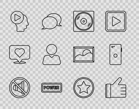 Set line Speaker mute, Hand like, Vinyl disk, Power button, Head people wit.. Ilustração Stock