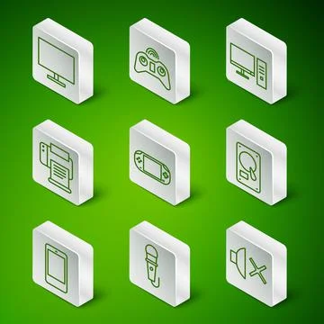 Set line Speaker mute, Microphone, Computer monitor screen, Portable video game Stock Illustration