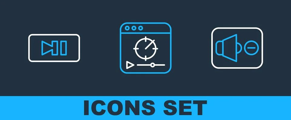 Set line Speaker mute, Pause button and Online play video icon. Vector Stock Illustration