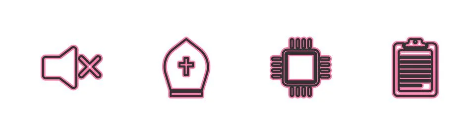 Set line Speaker mute, Processor with CPU, Pope hat and Clipboard document icon Stock Illustration