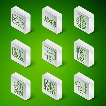 Set line Speaker mute, Stereo speaker, Music wave equalizer, note, tone,  a.. Stock Illustration