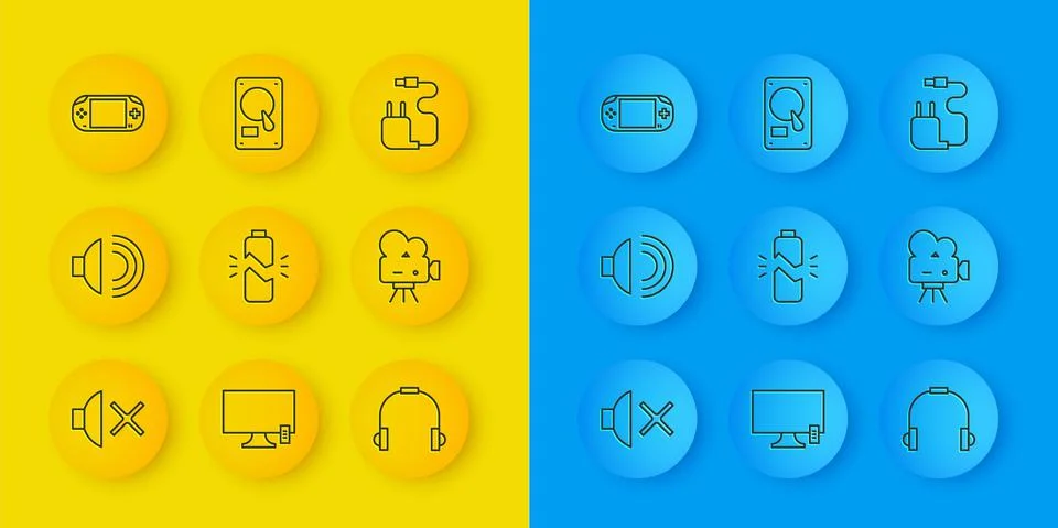 Set line Speaker mute, volume, Broken battery, Headphones, Retro cinema camera Stock Illustration
