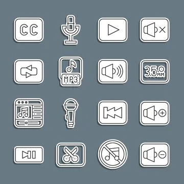 Set line Speaker mute, volume, Audio jack, Play button, MP3 file, Repeat Stock Illustration