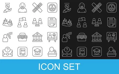 Set line Speaker, Peace, Document, Censored stamp, Speech bubble chat, Burning Stock Illustration