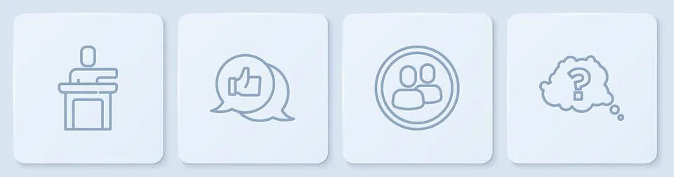 Set line Speaker, Project team base, Hand like and Question mark. White square イラスト素材