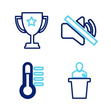 Set line Speaker, Thermometer, mute and Trophy cup icon. Vector Illustrazione stock