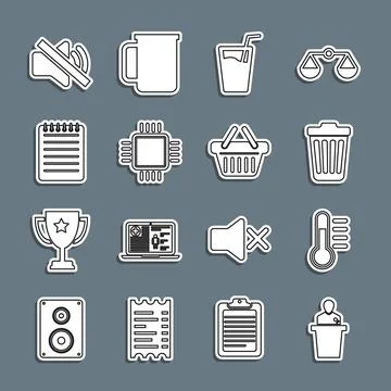 Set line Speaker, Thermometer, Trash can, Glass with water, Processor CPU Illustrazione stock