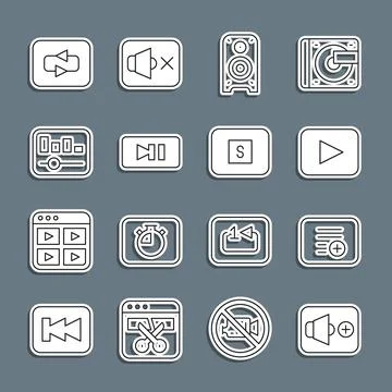 Set line Speaker volume, Add to playlist, Play button, Stereo speaker, Pause Stock Illustration