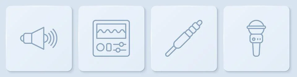 Set line Speaker volume, Audio jack, Drum machine and Microphone. White square Stock Illustration