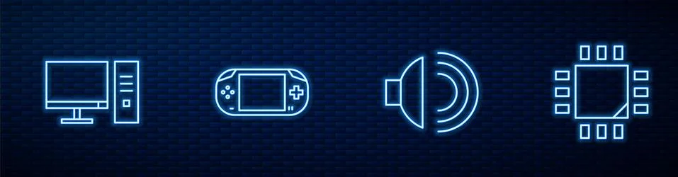 Set line Speaker volume, Computer monitor, Portable video game console and Illustrazione stock