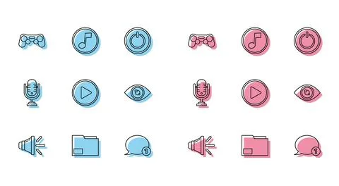 Set line Speaker volume, Document folder, Gamepad, Speech bubble chat, Play in Stock Illustration