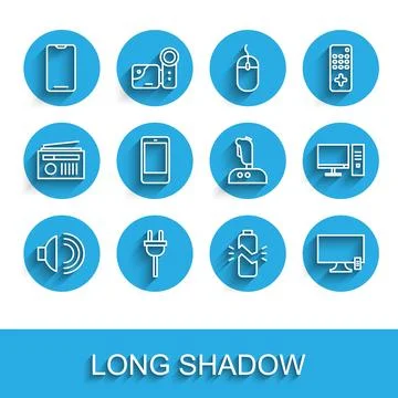 Set line Speaker volume, Electric plug, Smartphone, mobile phone, Broken battery Stock Illustration