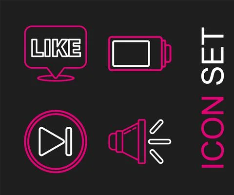 Set line Speaker volume, Fast forward, Battery charge level indicator and Like Illustrazione stock