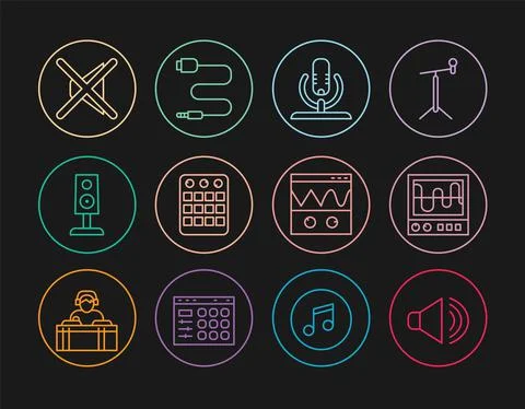 Set line Speaker volume, Oscilloscope, Microphone, Drum machine, Stereo speaker Illustrazione stock