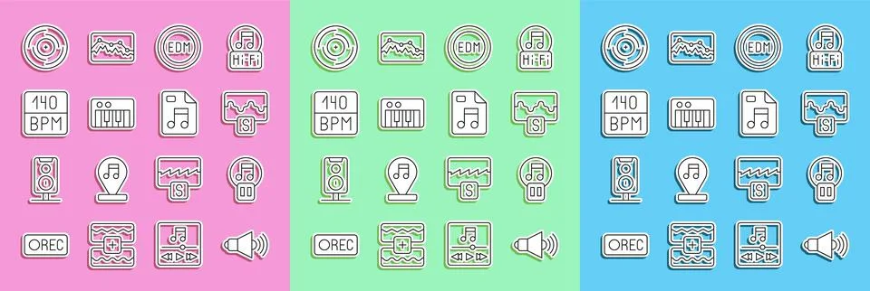 Set line Speaker volume, Pause button, Music wave equalizer, EDM electronic d Stock Illustration