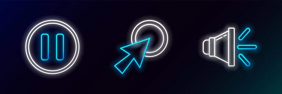 Set line Speaker volume, Pause button and Arrow cursor icon. Glowing neon. Ve Stock Illustration