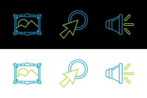 Set line Speaker volume, Picture landscape and Arrow cursor icon. Vector 스톡 일러스트
