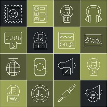 Set line Speaker volume, Play in square, Music wave equalizer, Pause button.. Stock Illustration