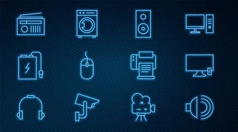 Set line Speaker volume, Smart Tv, Stereo speaker, Computer mouse, Power bank Stock Illustration