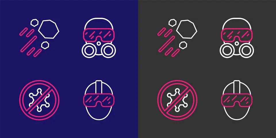 Set line Special forces soldier, Protest, Gas mask and Flying stone icon. V.. Stock Illustration
