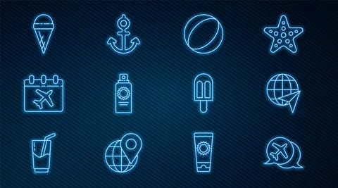 Set line Speech bubble with airplane, Globe flying, Beach ball, Sunscreen spray Stock Illustration