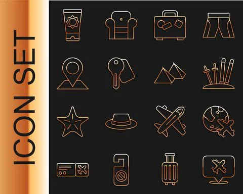 Set line Speech bubble with airplane, Globe flying, Ski and sticks, Suitcase Stock Illustration