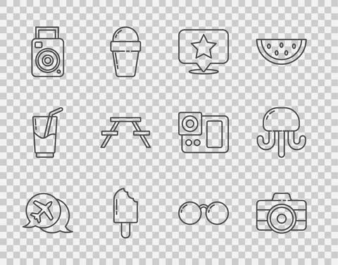 Set line Speech bubble with airplane, Photo camera, Map pointer star, Ice cream Stockillustratie