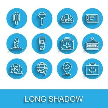 Set line Speech bubble with airplane, Globe flying, Ice cream, Map pointer .. Stock Illustration