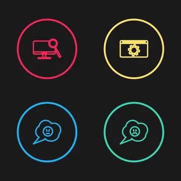 Set line Speech bubble with angry smile, sad, Setting and Computer monitor Stock Illustration