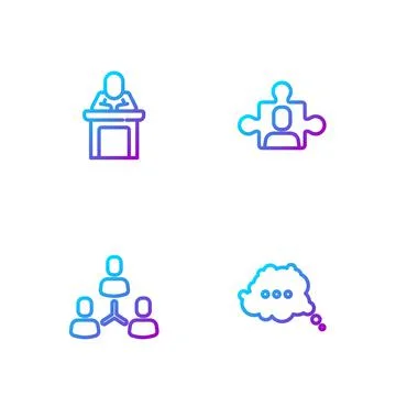 Set line Speech bubble chat, Project team base, Speaker and . Gradient color Stock Illustration