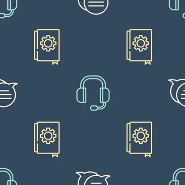 Set line Speech bubble chat, User manual and Headphones on seamless pattern 스톡 일러스트