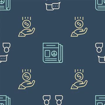 Set line Speech bubble chat, Coins on hand - minimal wage and News on seamless Illustrazione stock