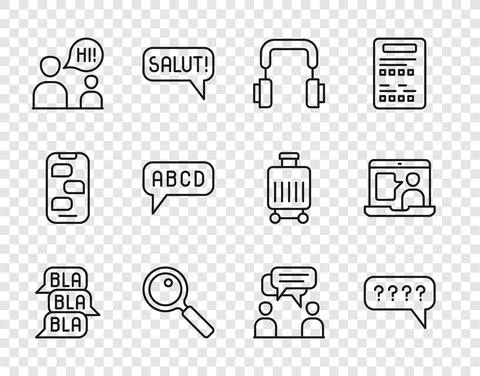 Set line Speech bubble chat, bubbles with Question, Headphones, Magnifying glass Stock Illustration