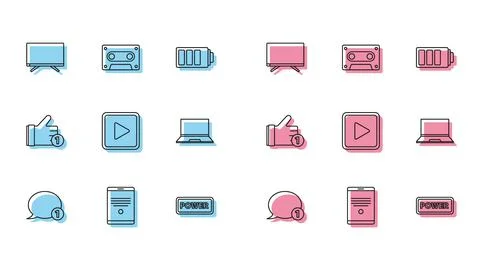 Set line Speech bubble chat, Tablet, Smart Tv, Power button, Play in square Stock Illustration