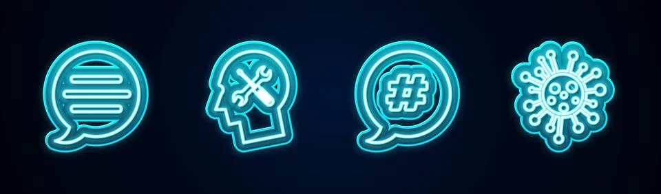 Set line Speech bubble chat, Human head service, Hashtag speech and Bacteria Stock Illustration