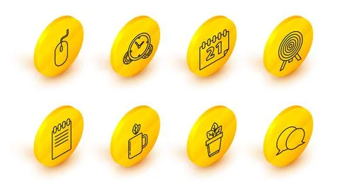 Set line Speech bubble chat, Flowers in pot, Cup of tea and leaf, Notebook Illustrazione stock