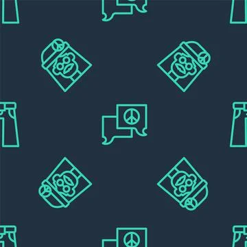 Set line Speech bubble chat, Hippie girl and Jeans wide on seamless pattern Stock Illustration