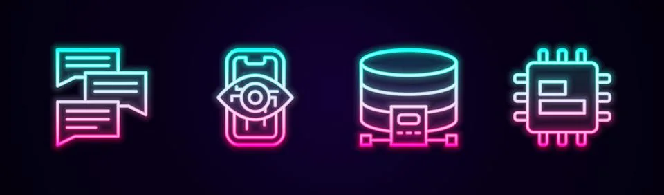 Set line Speech bubble chat, Computer vision, Cloud database and Processor CPU 스톡 일러스트
