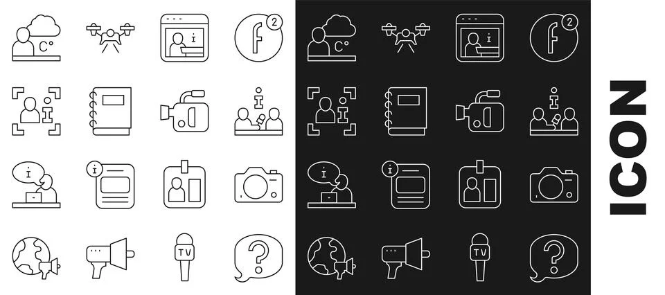 Set line Speech bubble chat, Photo camera, Interview, Information, Notebook Stock Illustration