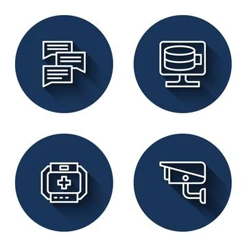 Set line Speech bubble chat, Cloud database, First aid kit and Security camera Stock Illustration